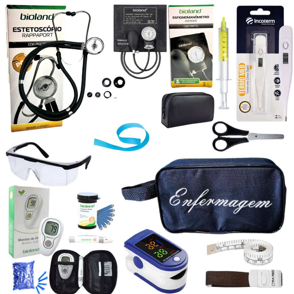 Super Kit Enfermagem Aparelho de Pressão + Estetoscópio Completo + Oximetro + Nécessaire
