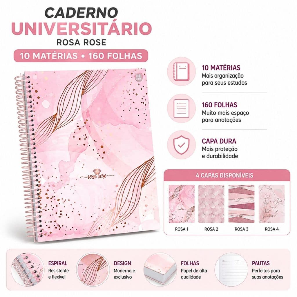Caderno Universitário Rosa Rose 10 Matérias 160 Folhas