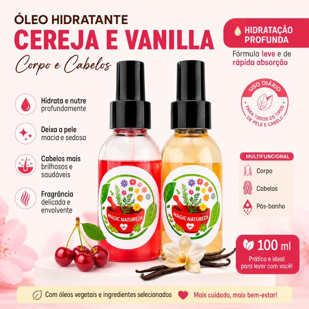 Kit óleo Vegetal Natural Hidratante para Cabelos e Corpo Aroma Frutas e Flores 200ml
