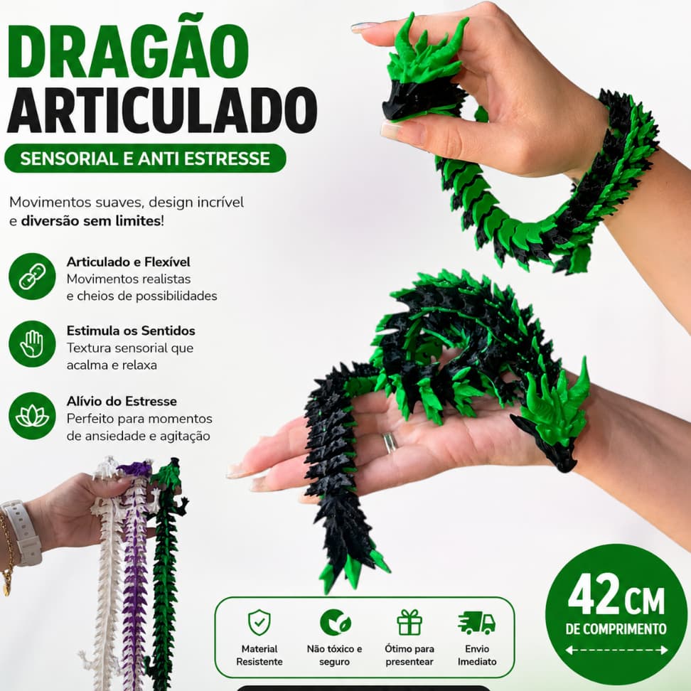 Dragão Articulado 42cm - Brinquedo Anti Estresse Premium