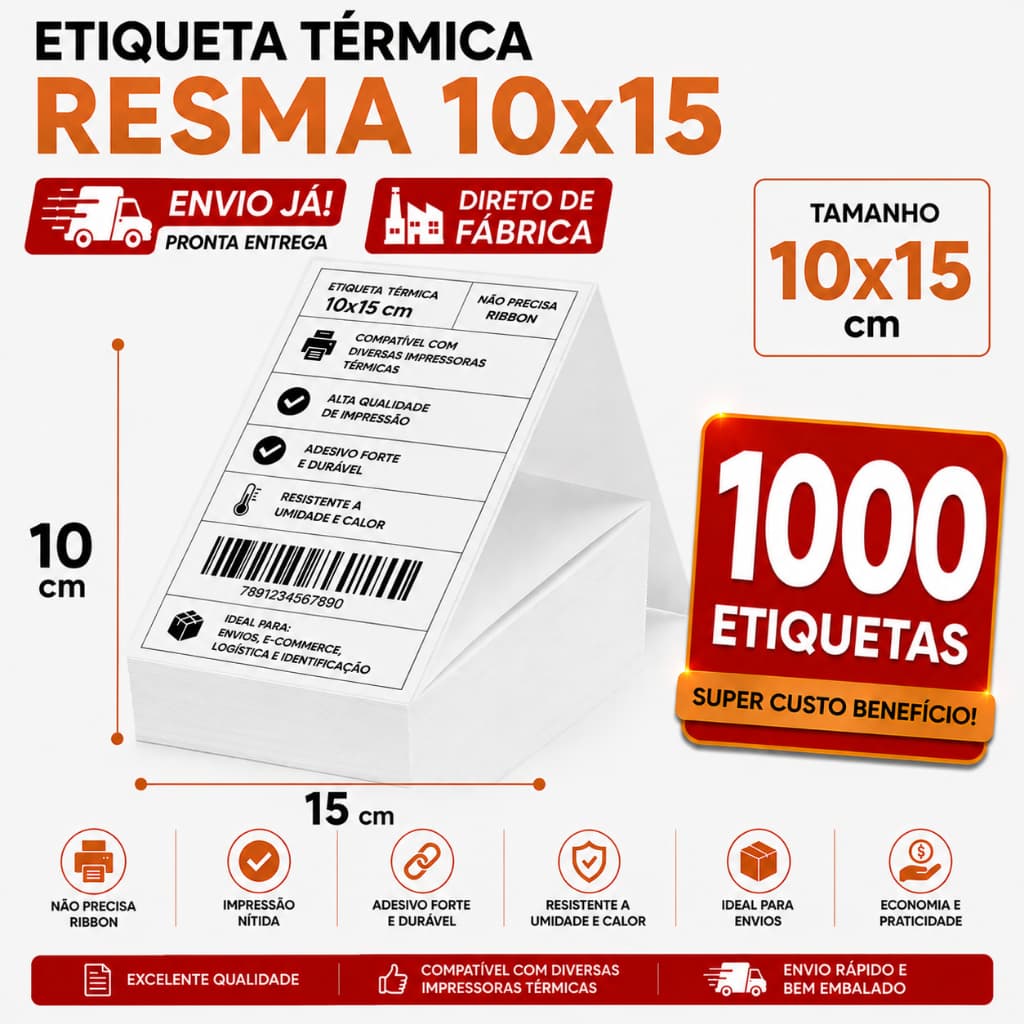 Kit 1000 Etiqueta Térmica Adesiva Resma 10x15 Ecommerce Envios Zebra Elgin Impressora Sem Ribbon Papel Contínuo