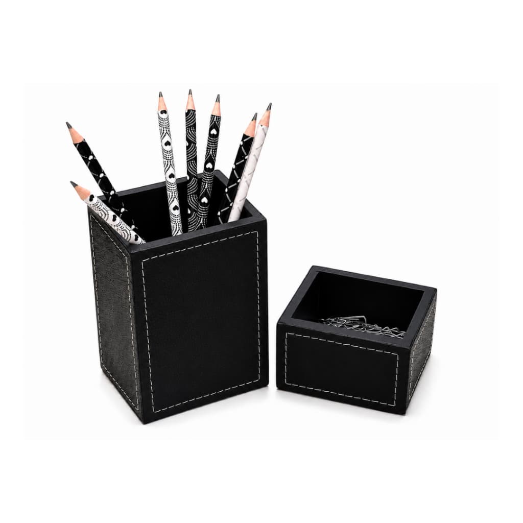 Porta Lápis e Porta Clips em Couro Legítimo Organizador de Mesa para Escritório Cor Preta