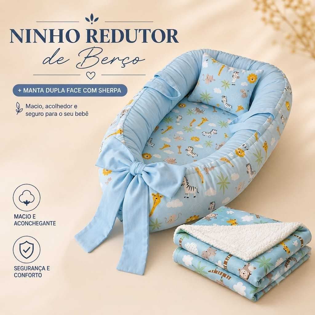 Kit ninho redutor de berço + manta com sherpa para bebê várias estampas aconchego segurança conforto