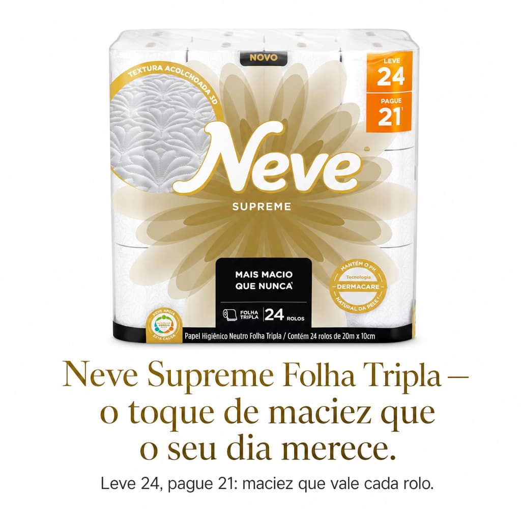 Papel Higiênico Neve Supreme Folha Tripla  24 Rolos de 20m de Conforto Qualidade e Grande Economia