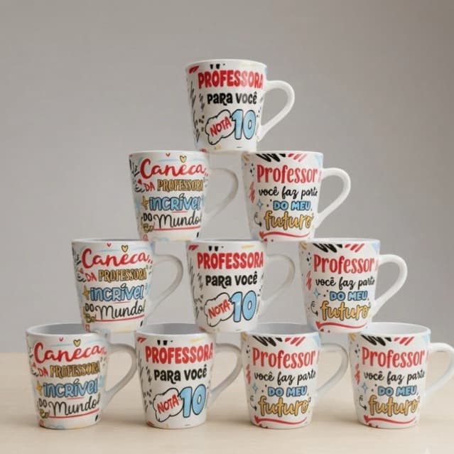 Kit Caneca Cônica 120ml Faixa Professora Xicara Chá Café Porcelana Personalizada Desing Sofisticado Presente Elegante