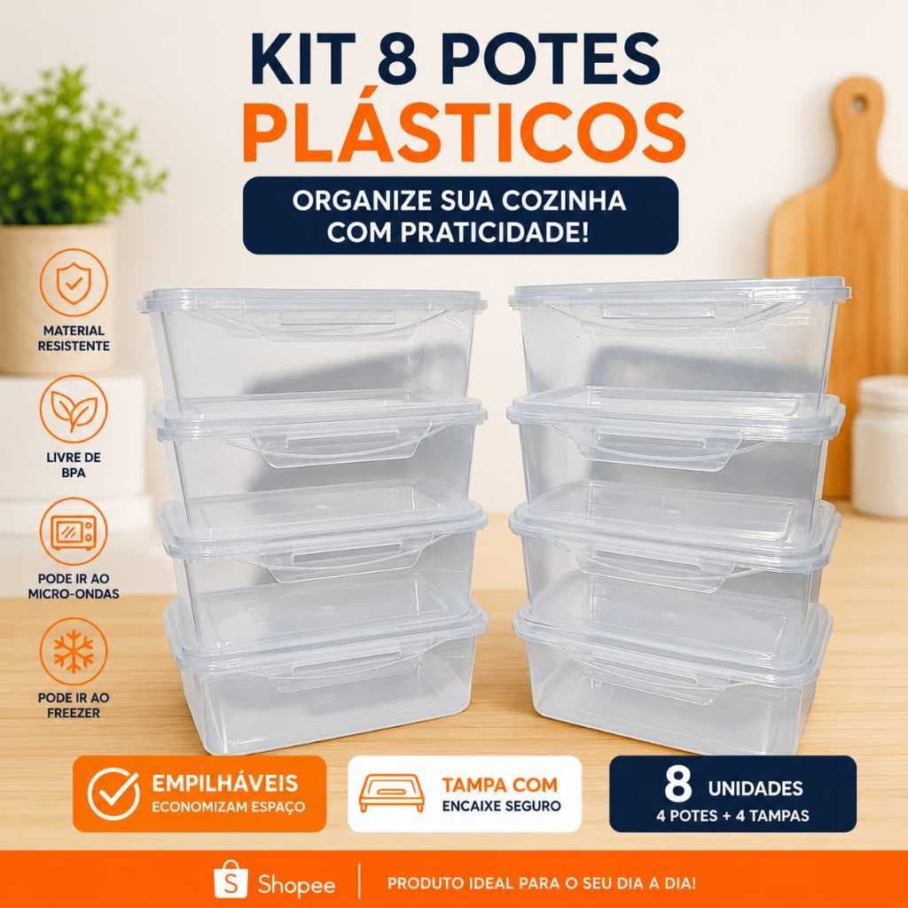 Kit Pote Retangular Transparente com Travas na Tampa1l para Marmita Fitness Lavavel Reutilizavel.