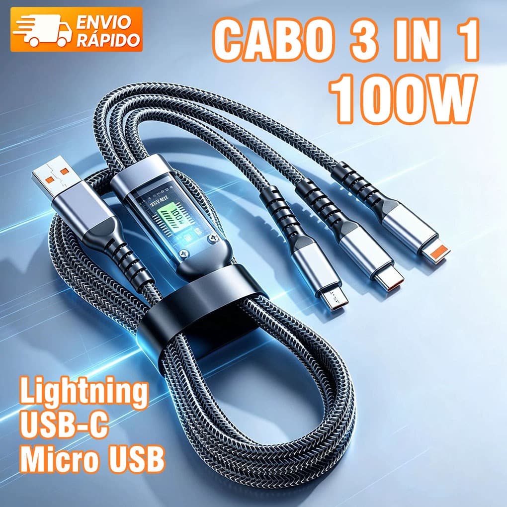 ⚡ Cabo 3 em 1 100W Carregamento Ultrarrápido | Micro USB / Tipo C / Lightning 1.2m 🚚 Envio Rápido