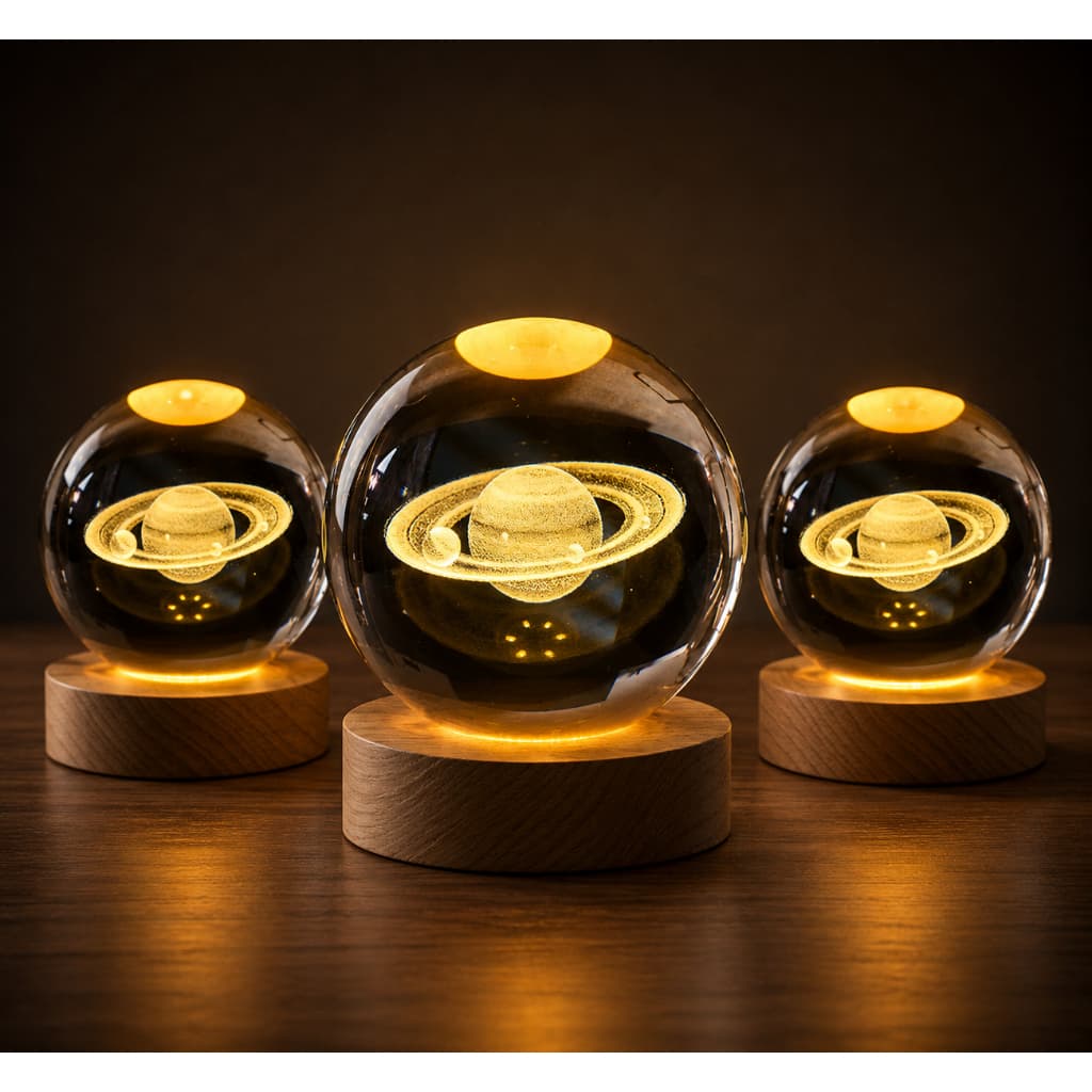 Luminária Cristal de Mesa Decorativa Sistema Solar Saturno Galáxia LED Base Madeira Enfeite  USB