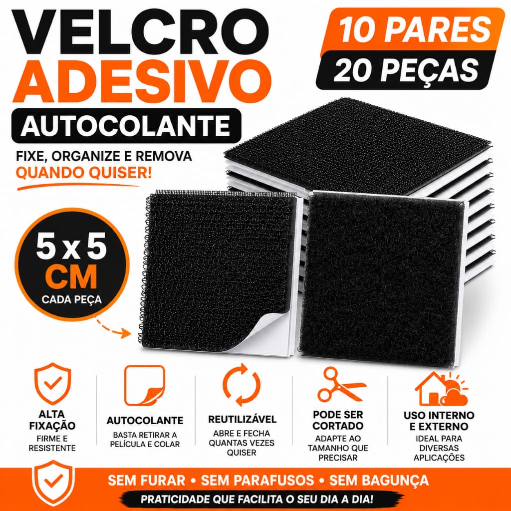 Velcro Adesivo Autocolante 5x5cm Kit 10 Pares 20 Peças Fecho Aderente Macho Fêmea Alta Fixação
