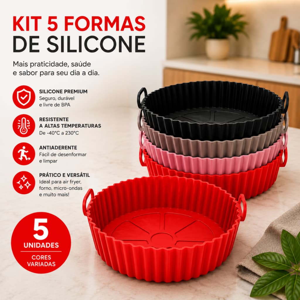 Kit 5 Formas de Silicone Air Fryer Forno Microondas Antiaderente Reutilizável Flexível com Alça