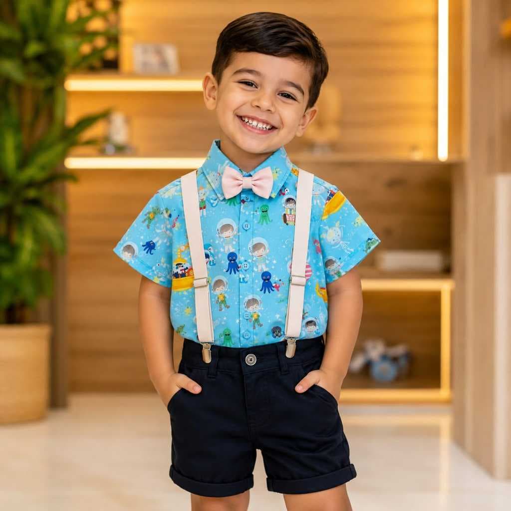 Conjunto Menino Infantil Luxo Temático Mundo Bita Fundo do Mar +Bermuda Preta (ac)