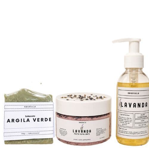 Kit Lavanda Esfoliante Corporal + Óleo Perfumado Hidratante + Sabonete de Argila Verde | Pele Macia e Perfumada
