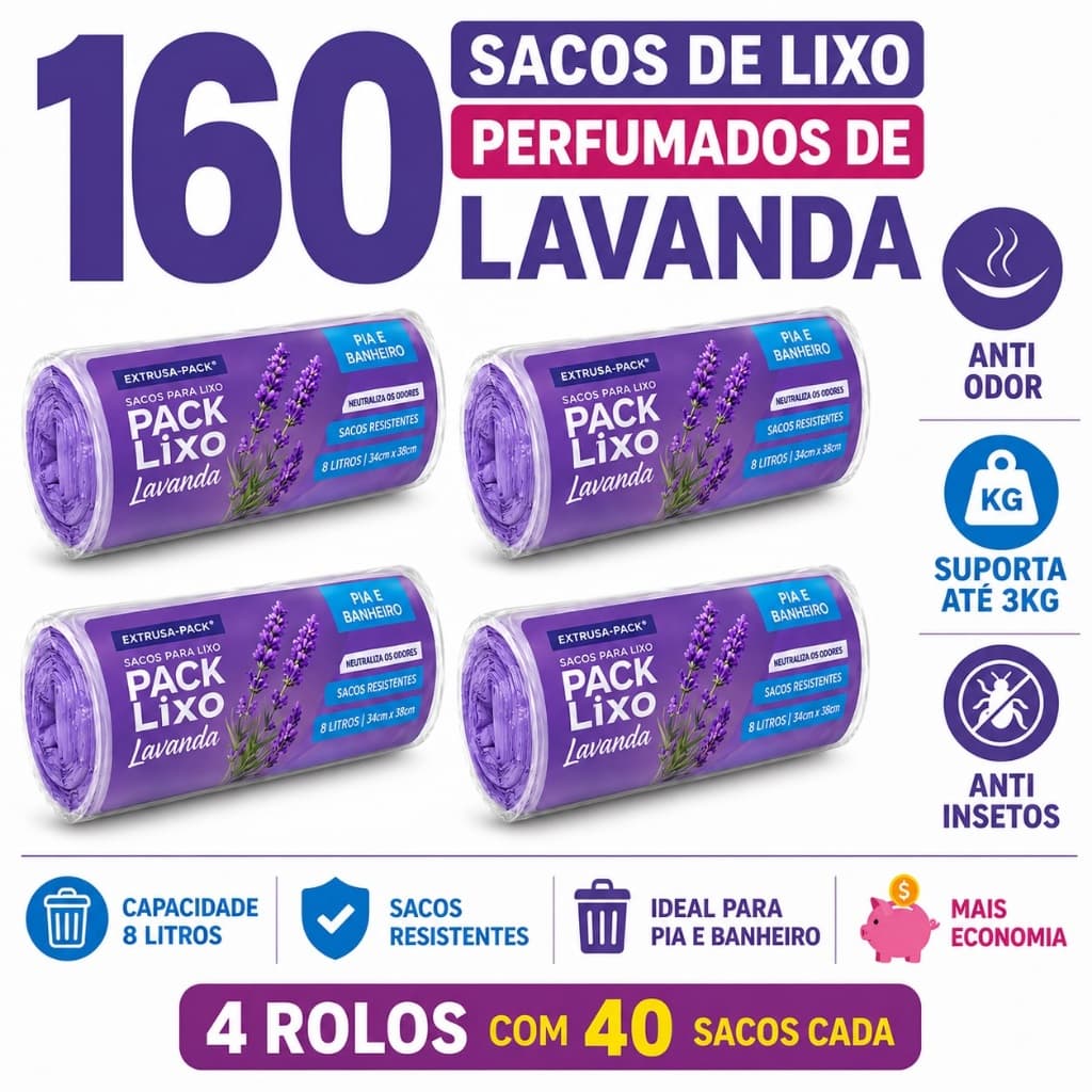 Kit 160 Sacos de Lixo Lavanda 8L 34X38cm Anti Odor Neutraliza Odores Pia Banheiro Reforçado Perfumado