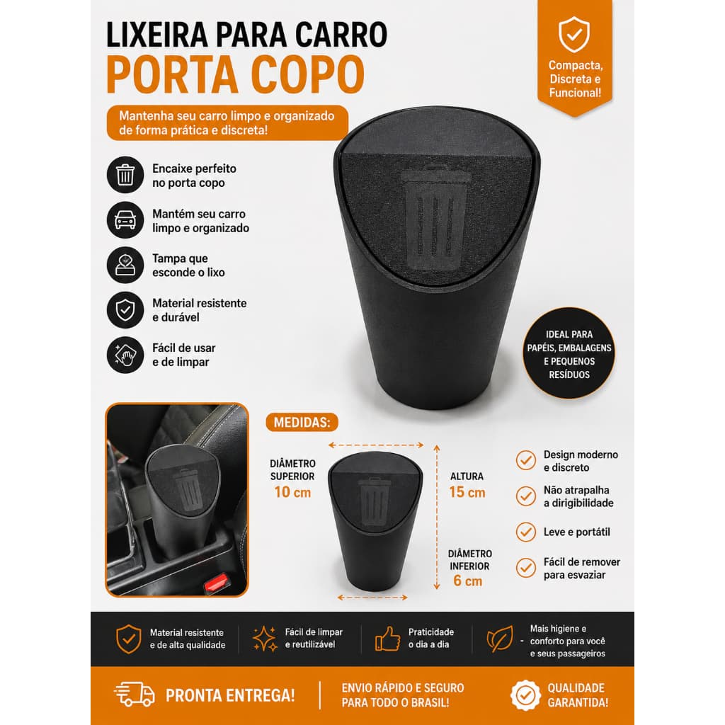 Lixeira para Carro Porta Copo Universal com Tampa | Lixeira Automotiva Compacta 15cm | Impressão 3D