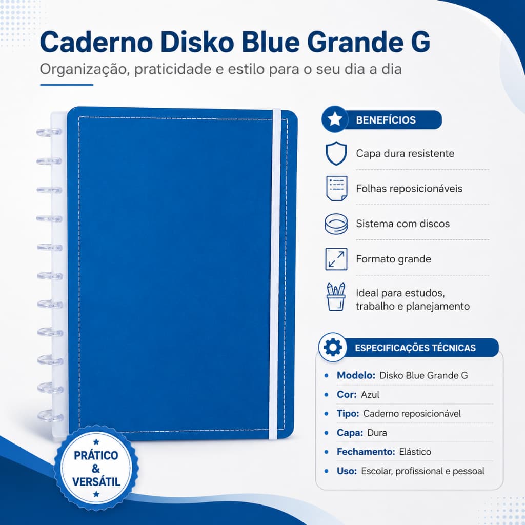 Caderno Universitario Capa Dura Grande Disko Blue Folhas Reposicionaveis Escolar Organização