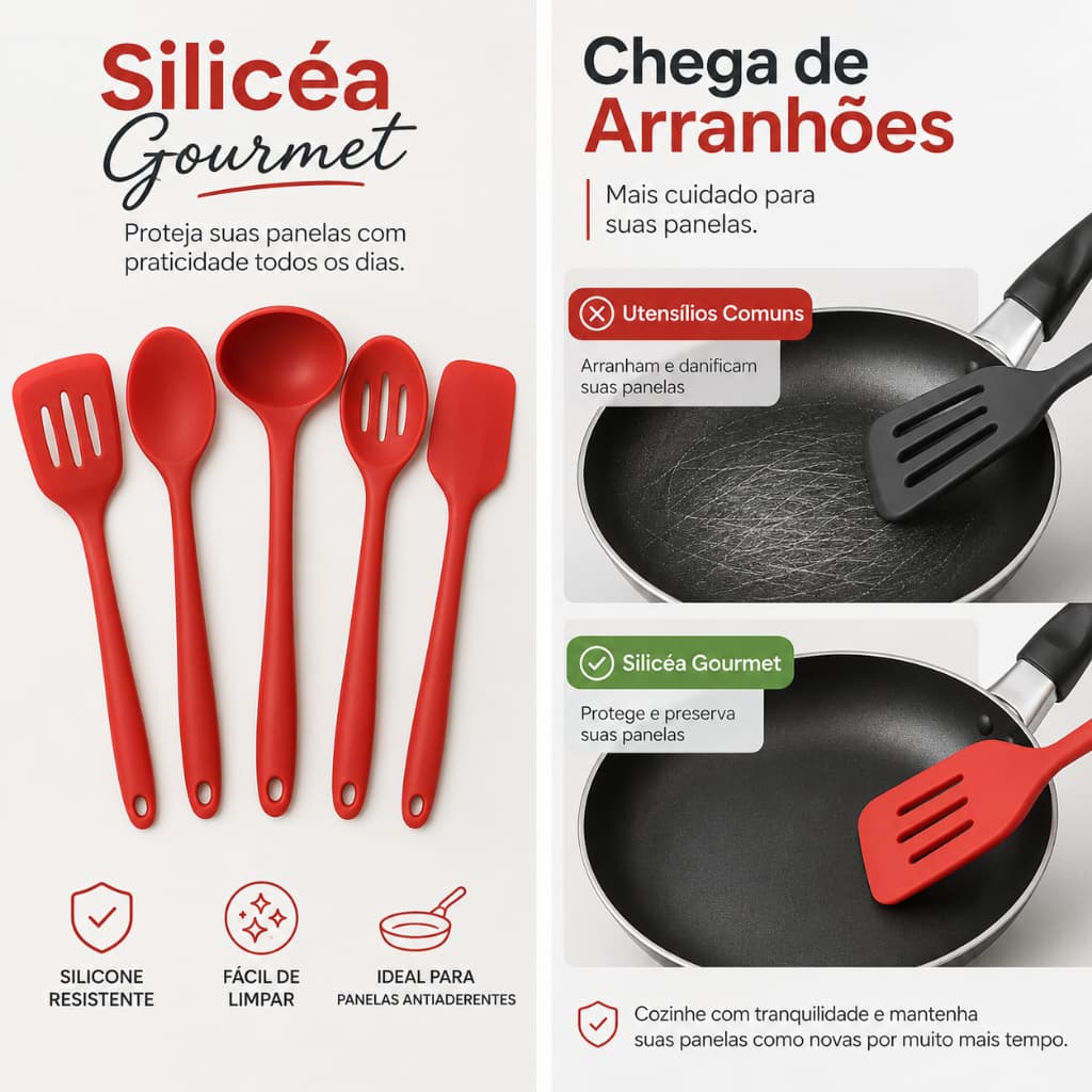 Kit Utensílios de Silicone Cozinha 5 Peças Antiaderente Resistente ao Calor Espátulas e Colher