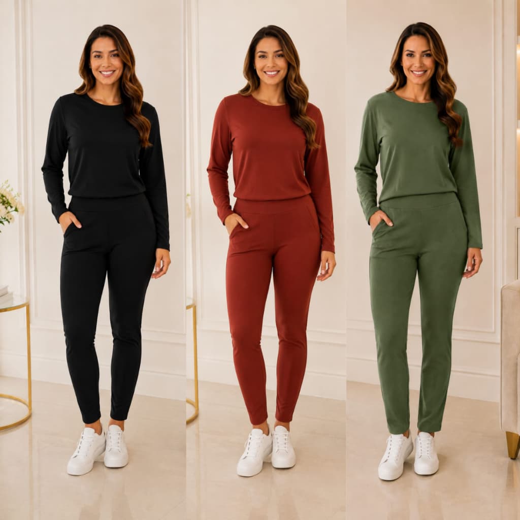 Conjunto Feminino Moletinho Manga Longa Calça Jogger Possue Elástico Casual Confortável Moda Inverno