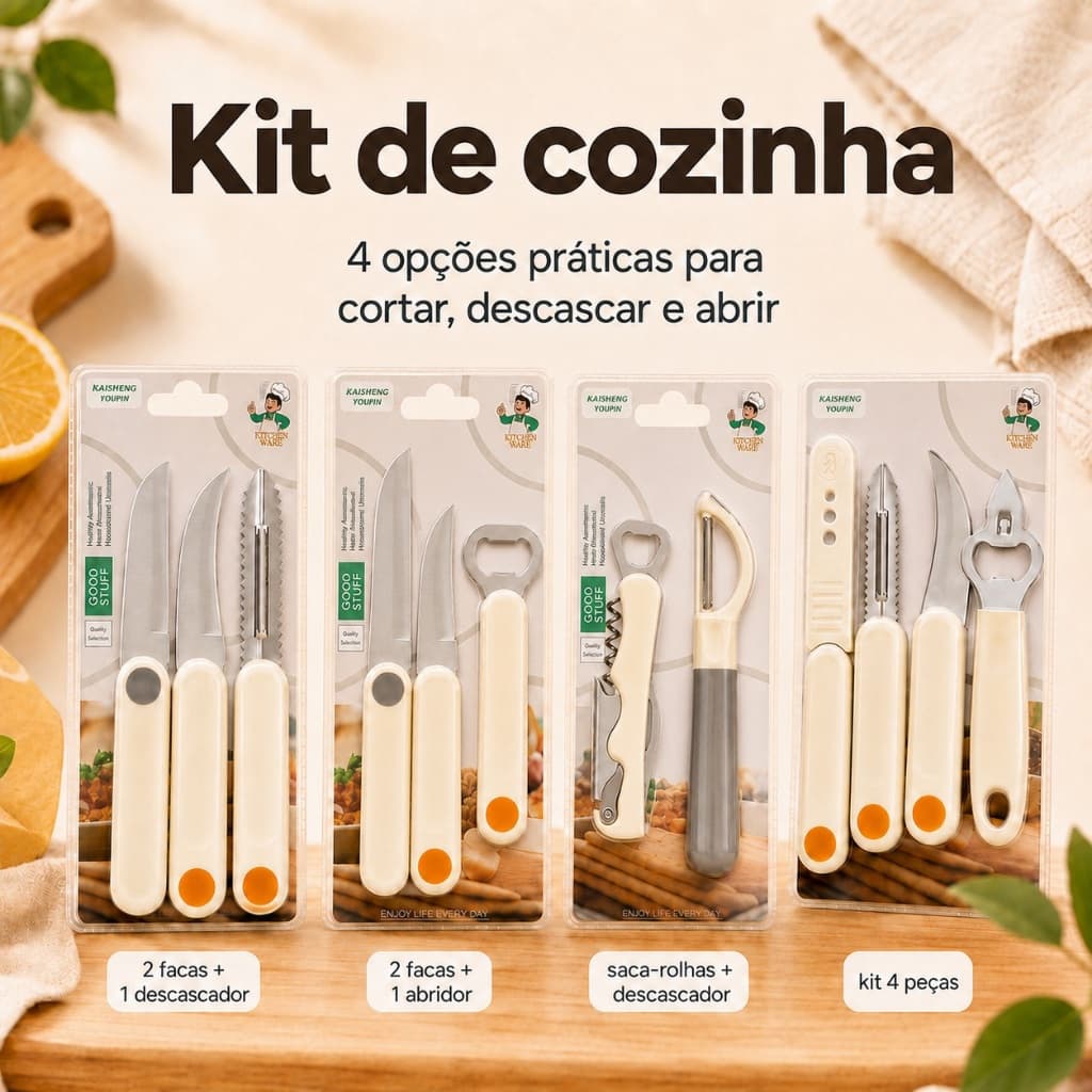 Kit Utensílios de Cozinha 2, 3 ou 4 Peças com Facas, Descascador, Abridor e Saca-Rolhas Compacto