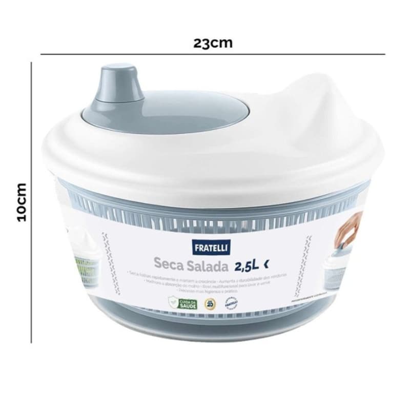 Centrífuga Seca Folhas Fratelli 2,5L Cinza Escorredor para Saladas Verduras e Legumes com Cesto