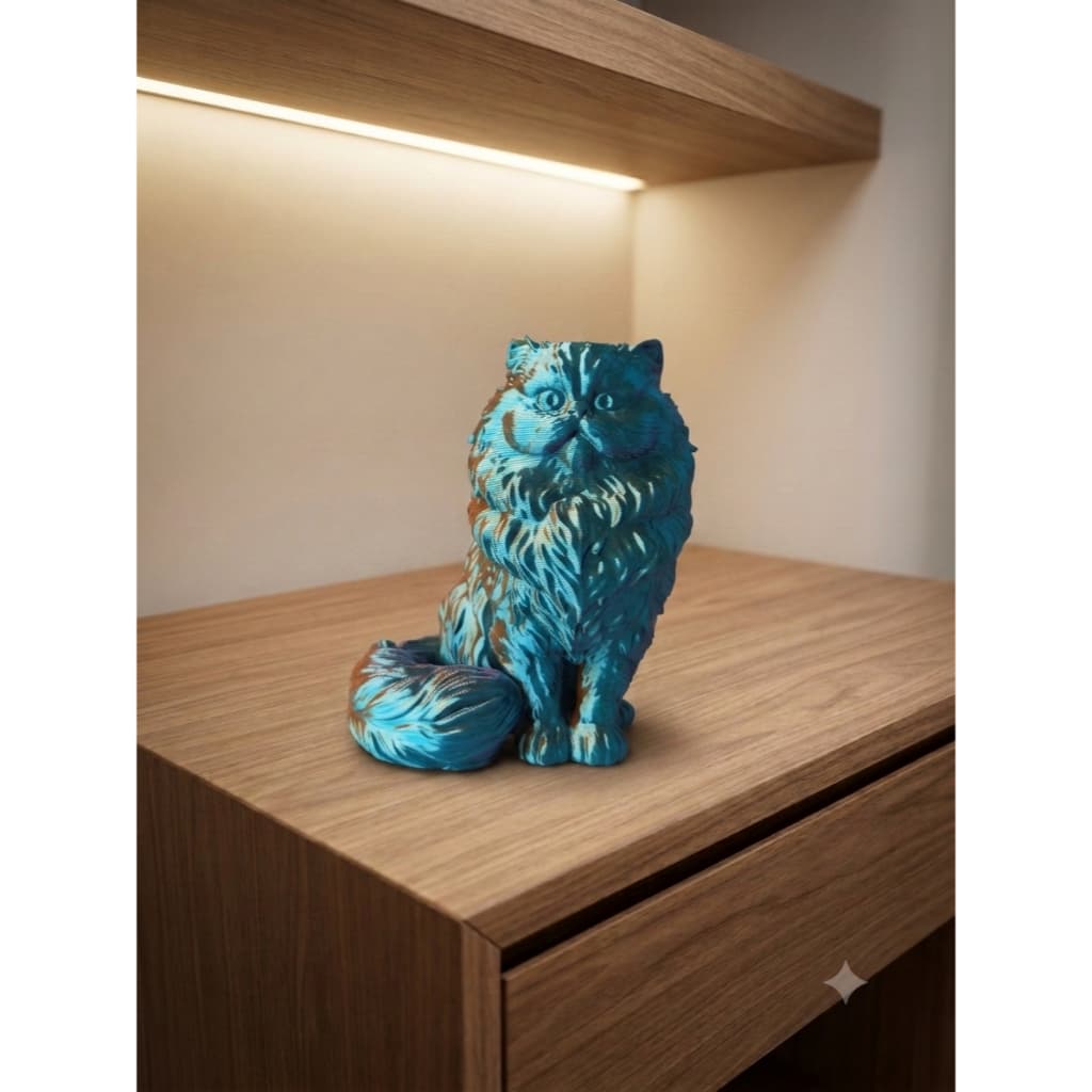 Estatueta Gato Persa Tricolor Azul Roxo Verde Para Decoração