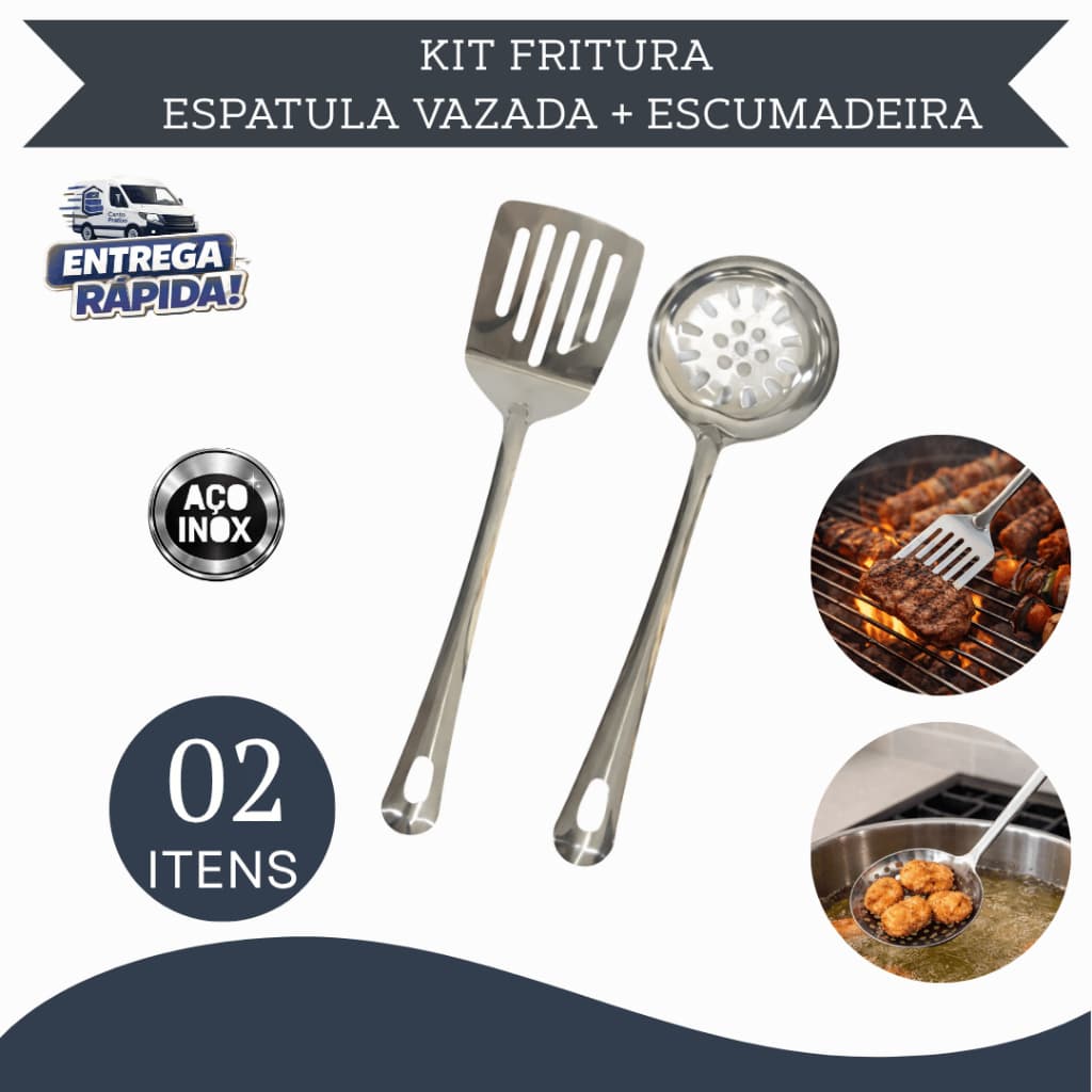 Kit Espatula Vazada + Escumadeira Inox 02/04 Peças | Utensílios Cozinha Restaurante Buffet