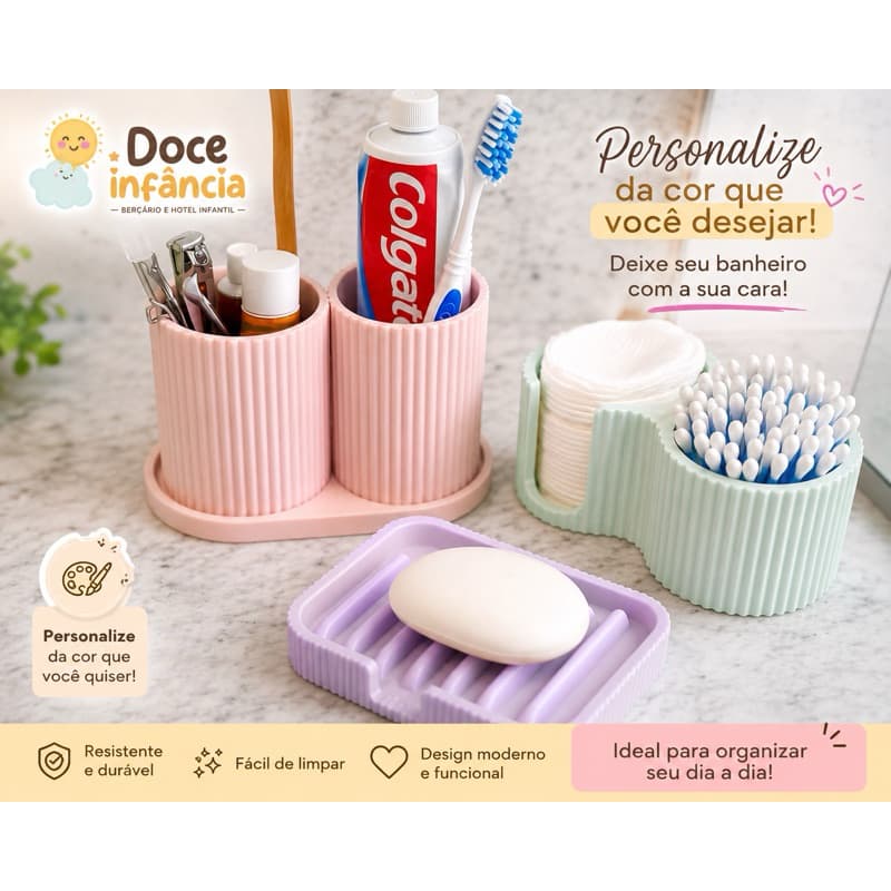 Organizador de Banheiro - Saboneteira com Dreno - Porta escova de Dente e Utensílios - Porta Cotonetes - Porta Algodão