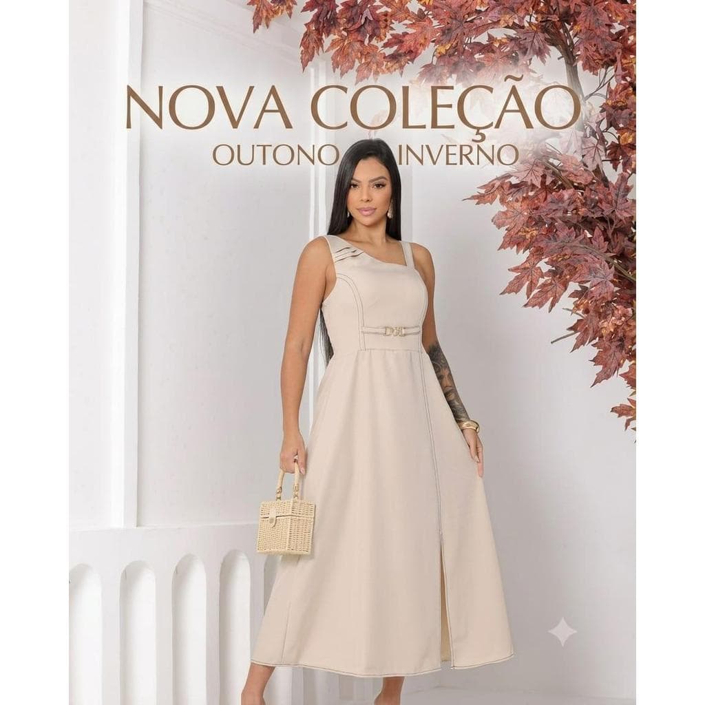 Vestido Midi Feminino Elegante com Fenda Detalhe Metálico Costura Contrastante Festa Social