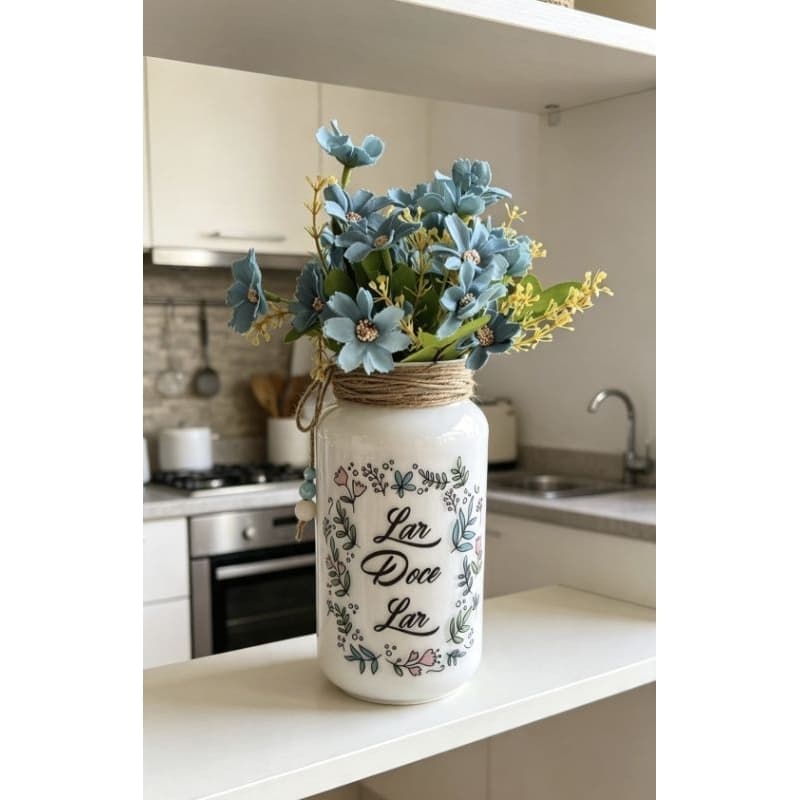 Vaso Decorativo com flores artificiais Azul"Lar Doce Lar "
