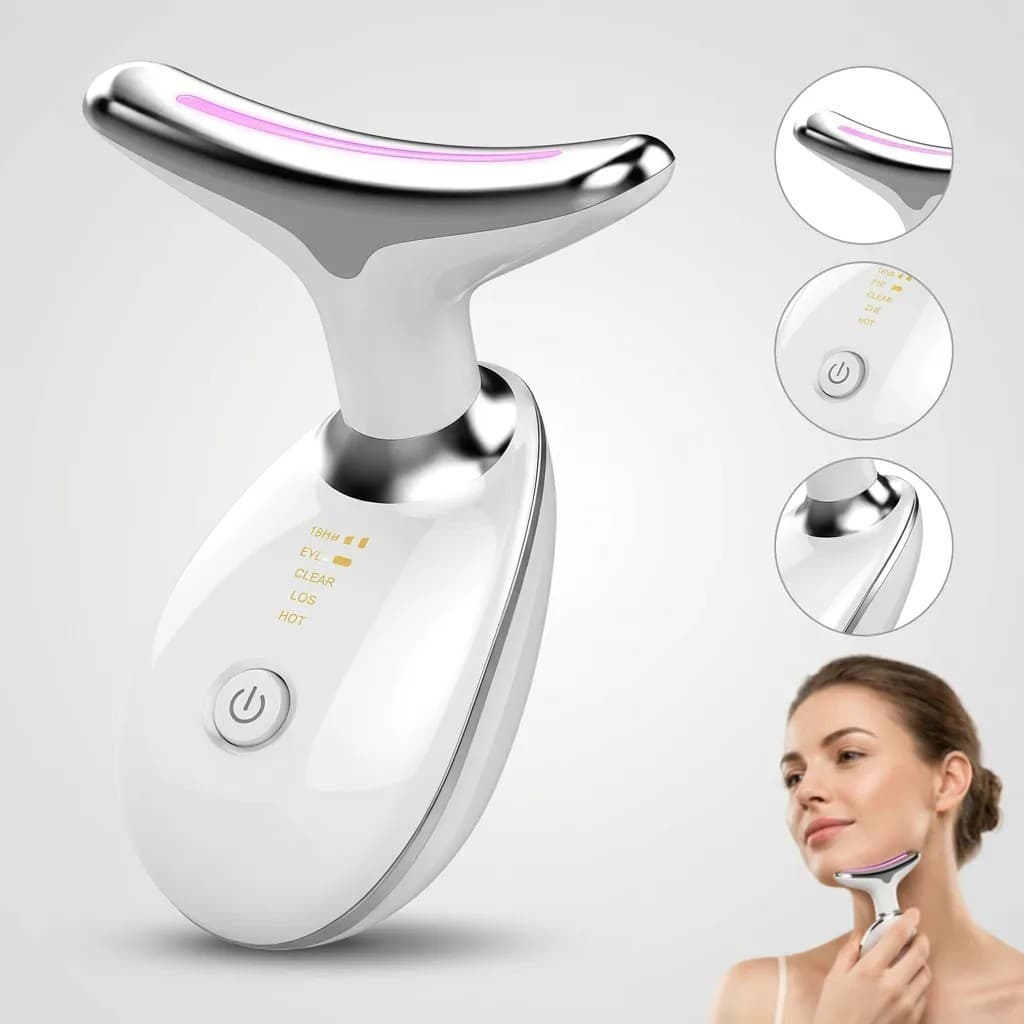 Massageador Facial e Pescoço por Radiofrequência com Luz LED 3 Cores