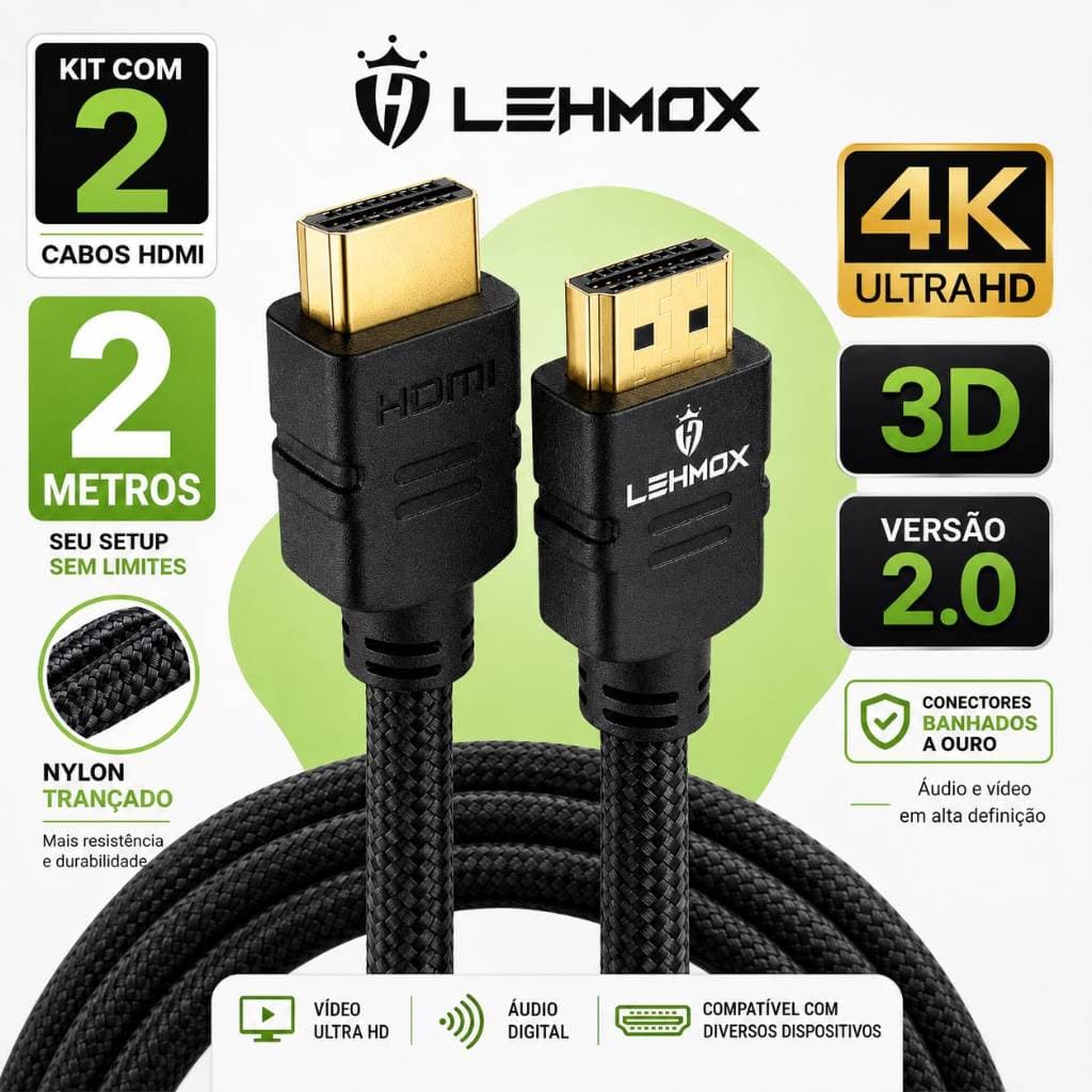 kit 2 Cabo HDMI 2m 2.0 4K Ultra HD 3D Nylon Trançado Ju