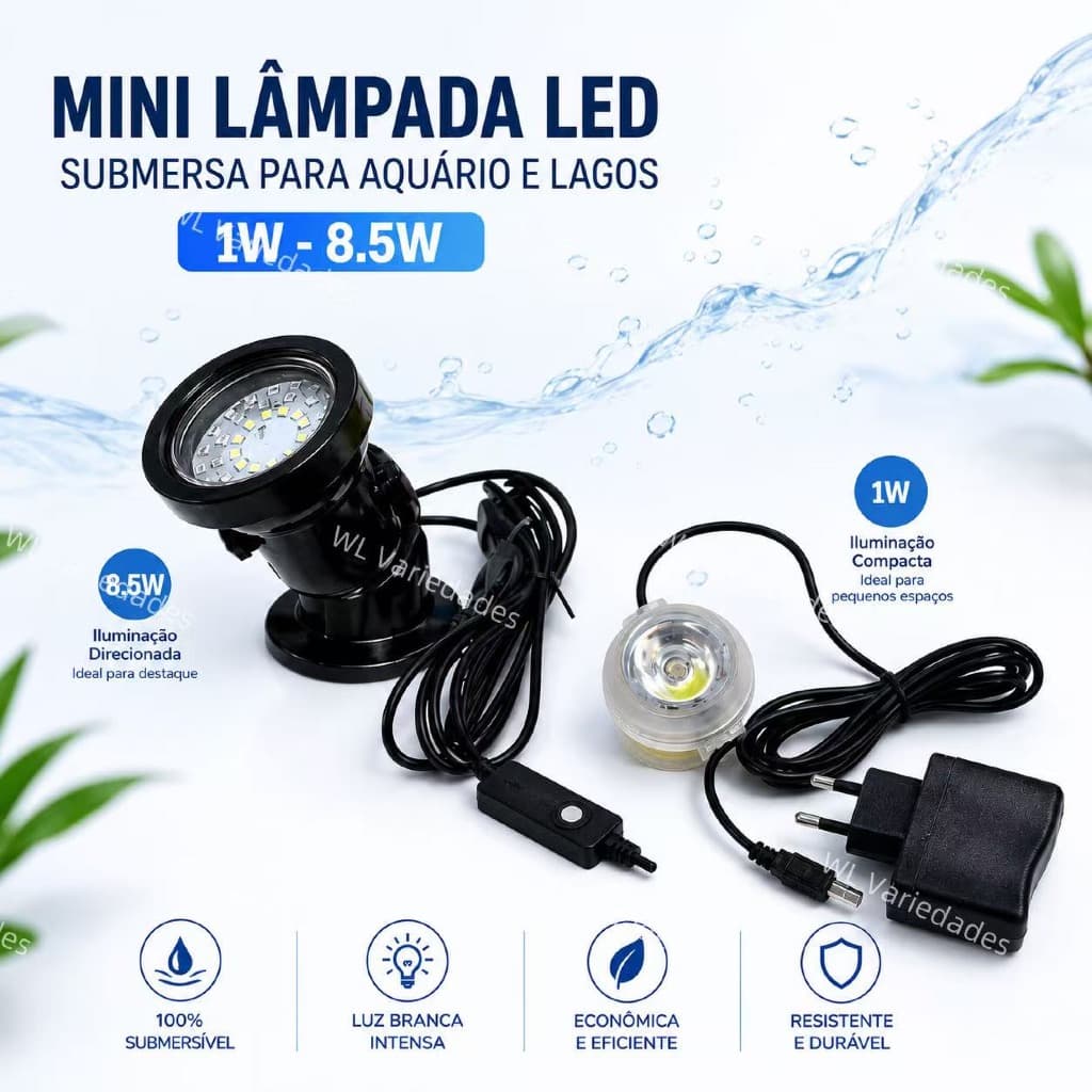 Mini Lâmpada Led Submersa para Aquário Lagos 1W 8.5W USB Bivolt Várias Cores