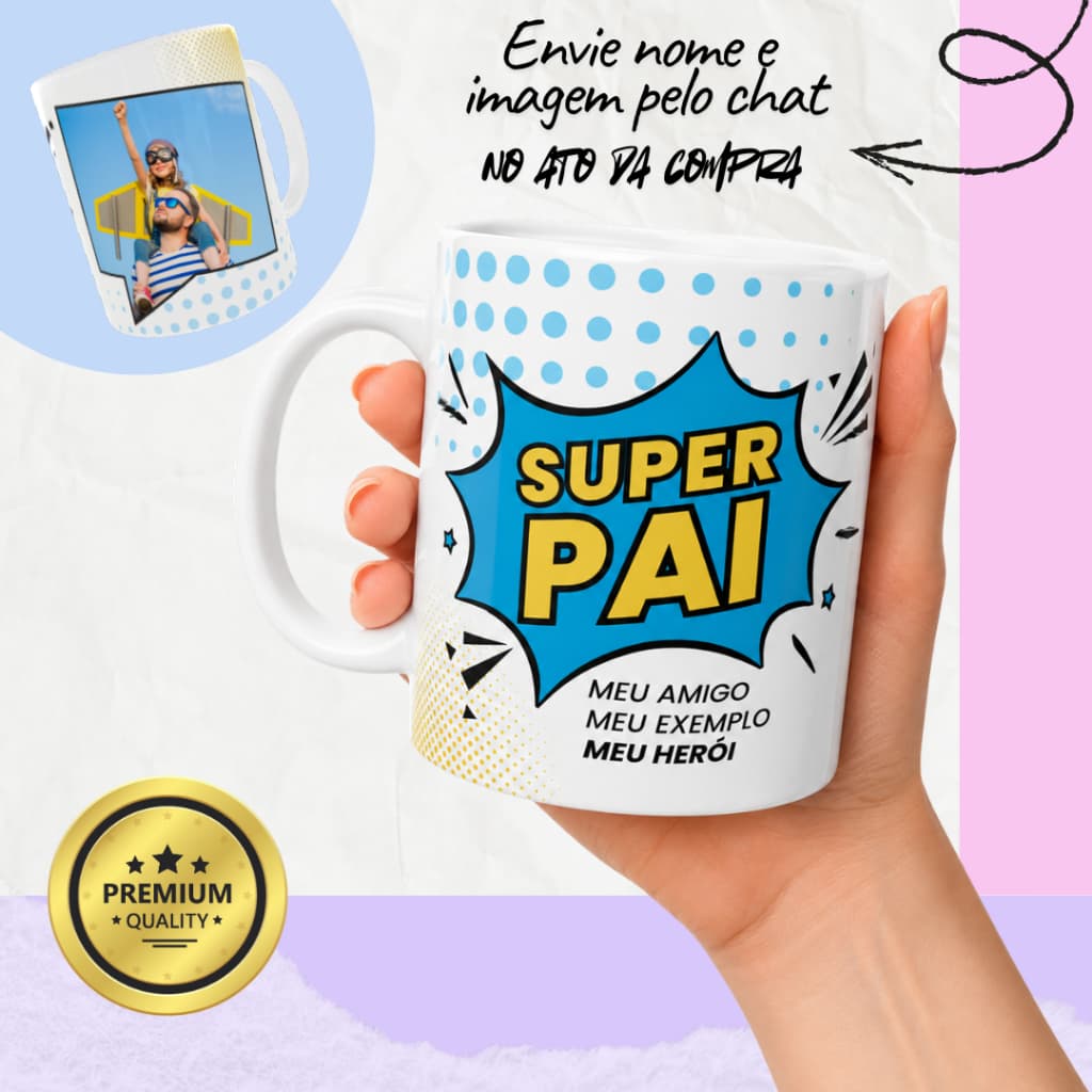 Caneca Porcelana Personalizada Super Pai Xícara Cerâmica Personalizada Foto Nome Presente Dia dos Pais