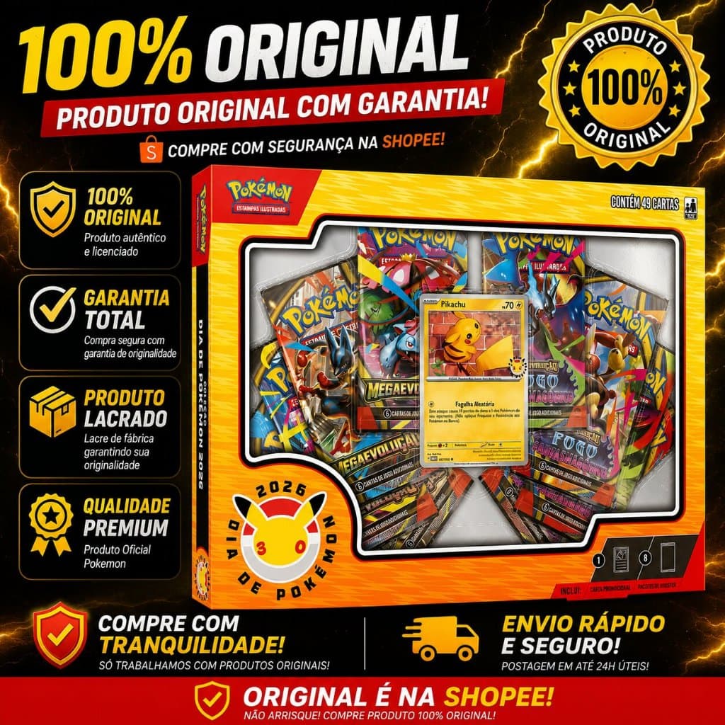 Coleção Dia de Pokémon 2026 - Pikachu Megaevolução TCG com 49 Cartas e 8 Booster Packs