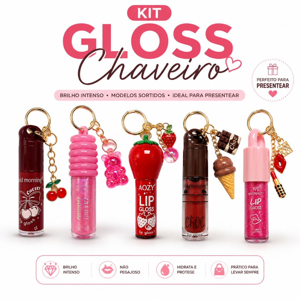 Kit Gloss Chaveiro Sortido 4, 6,8,10 ou 12 Unidades Hidratante Labial com Chaveiro  Brilho Intenso para presente