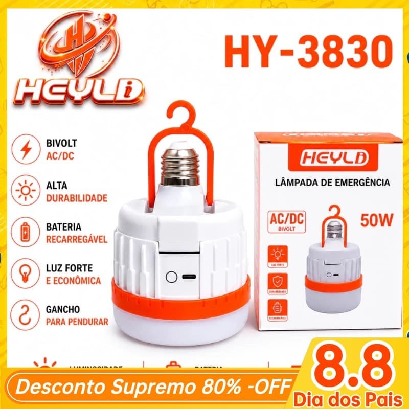 Lâmpada LED Portátil 50W Recarregável USB Bivolt E27 com Gancho Uso Emergencial HY-3830
