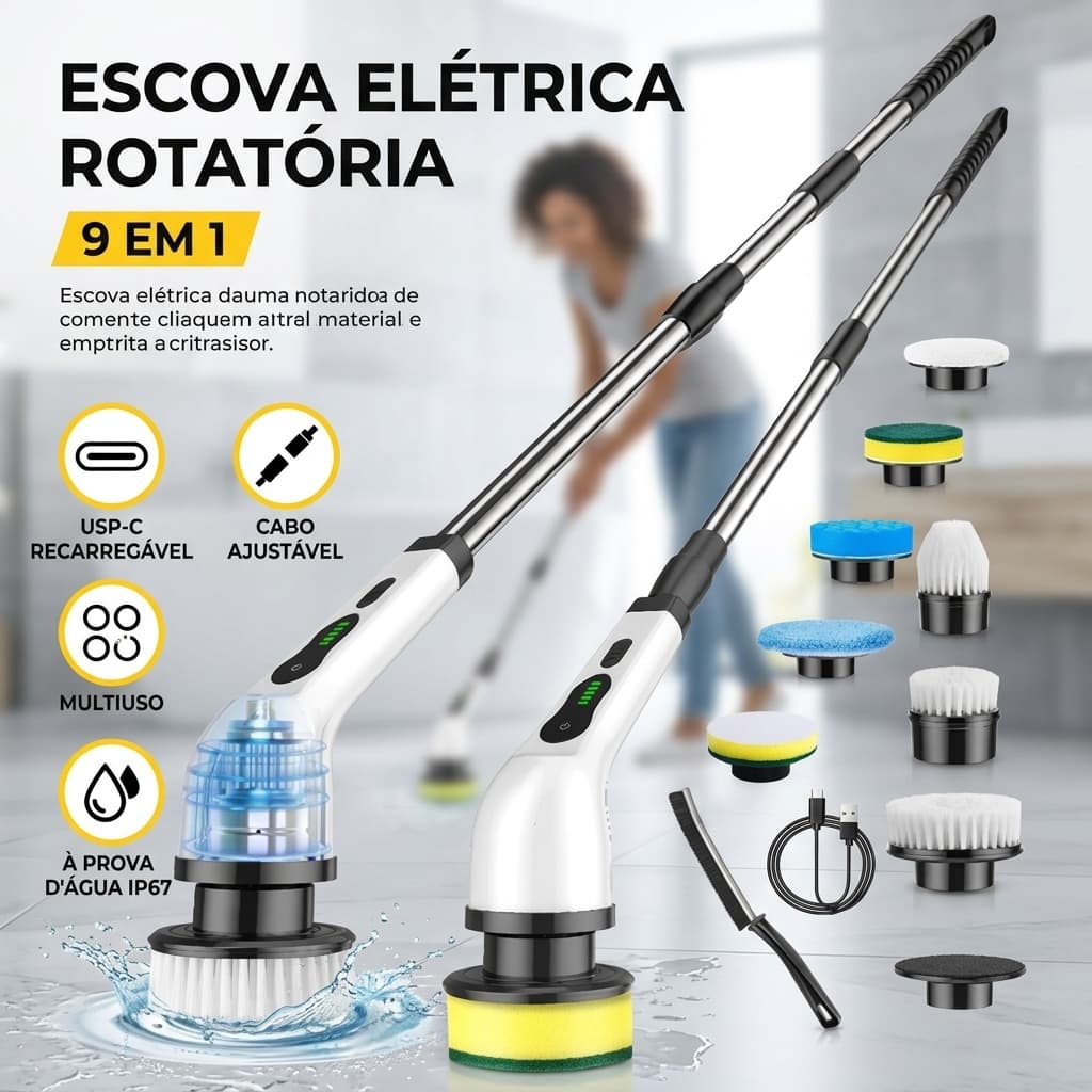 Escova Elétrica de Limpeza 9 em 1 Sem Fio Recarregável - 3 Velocidades, 360° Rotação com Cabo Ajustável para Banheiro