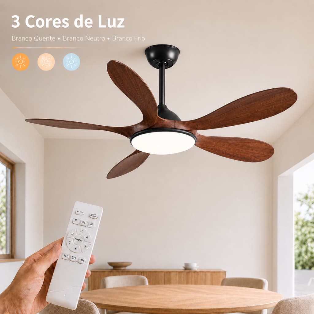 3 Cores Ventilador de Teto Grande com Luz LED 72W Bivolt Controle Remoto Silencioso Sala Quarto