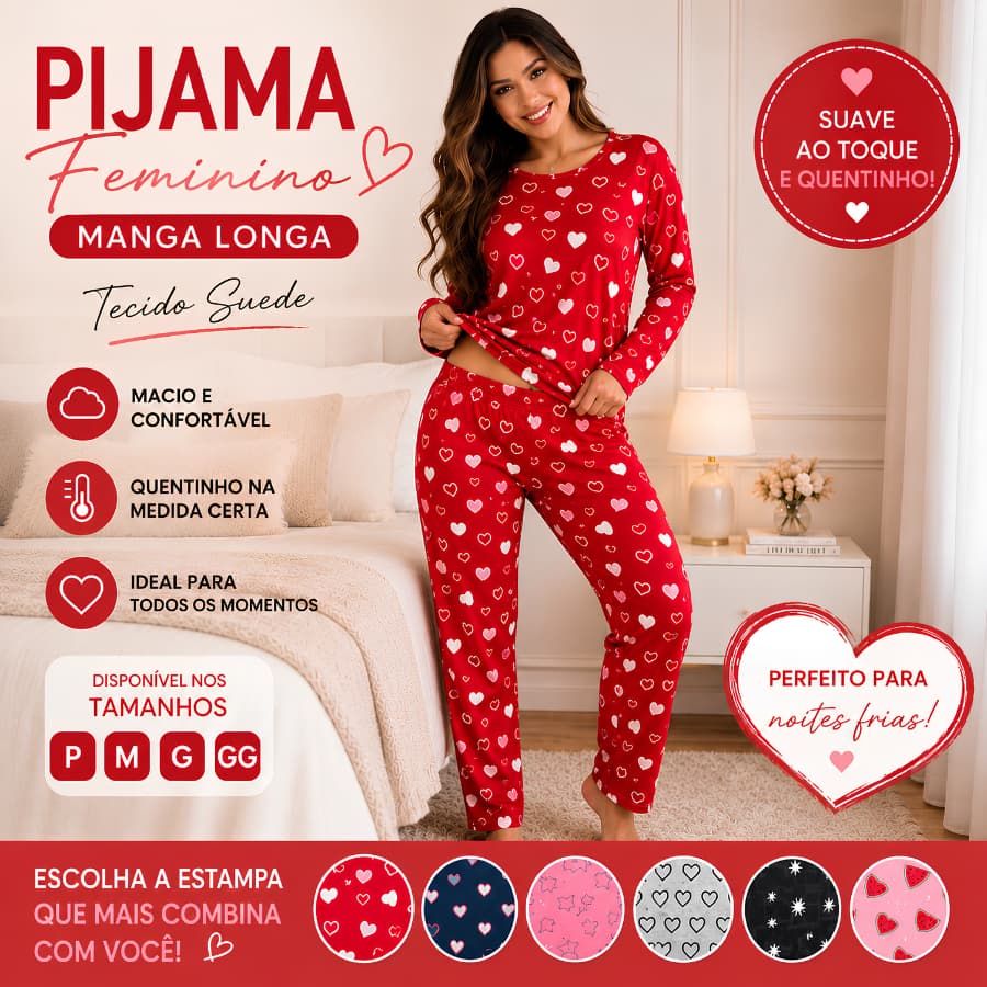 Pijama Feminino Longo Em Suede Estampado Manga Longa