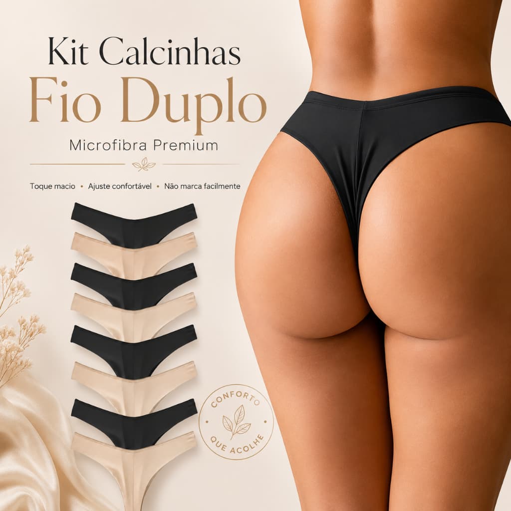 Kit 10 Calcinhas Fio Duplo Microfibra Premium Cores Minimalistas Preta e Nude