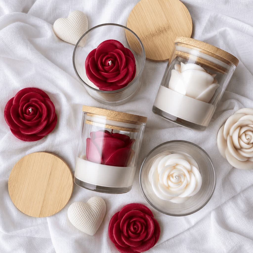 Vela Aromática Artesanal Rosa no Pote de Vidro com Tampa de Bambu – Vela Decorativa Perfumada para Presente