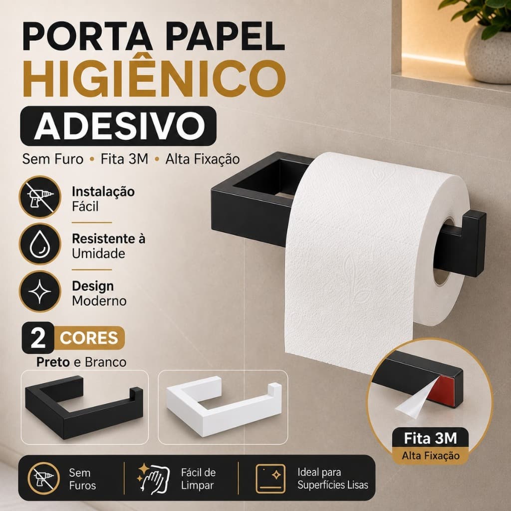 Suporte de Papel Higiênico e Acessórios Banheiro Cozinha Acompanha Cola 3M Preto Branco Sem Furos Na Parede
