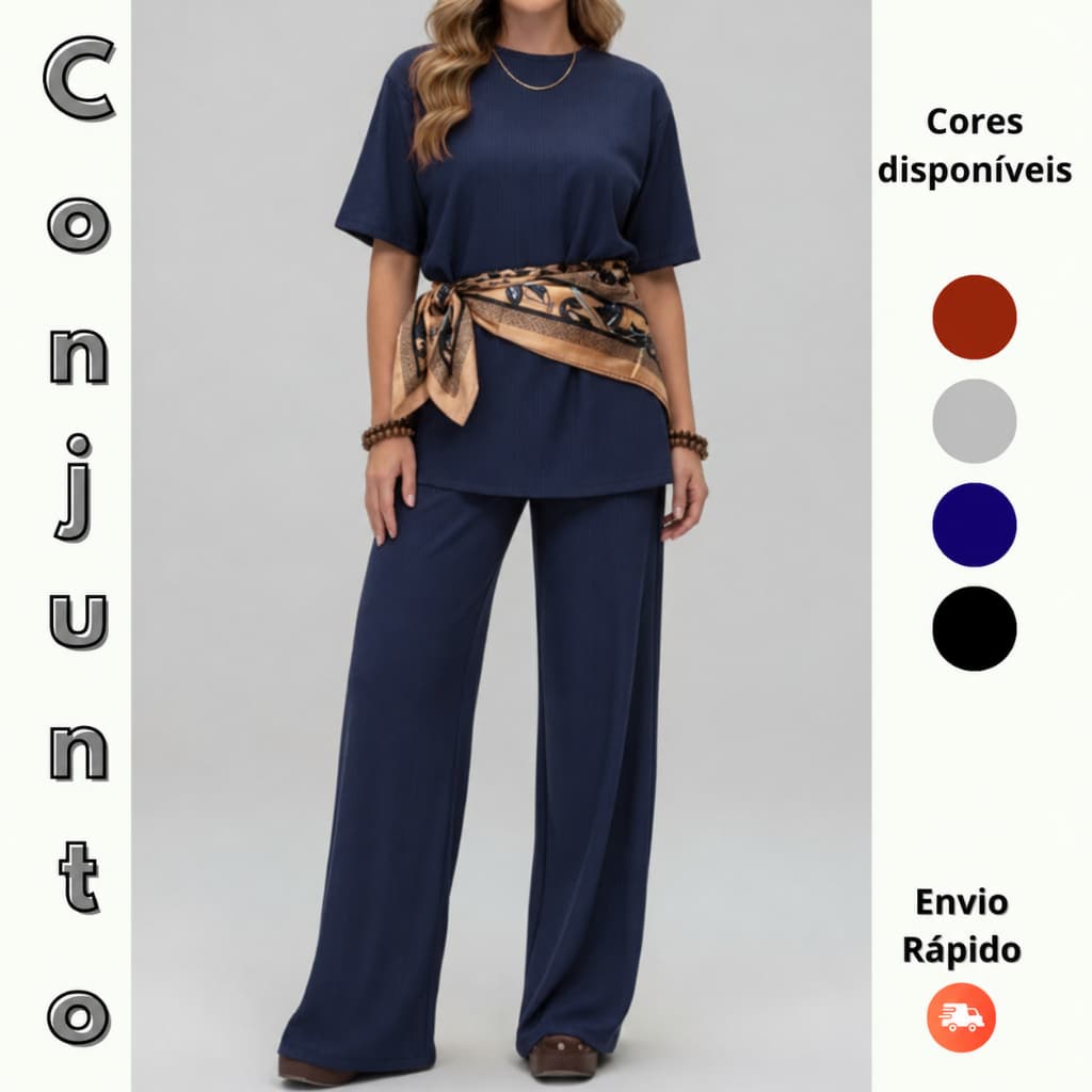 Conjunto Feminino Calça Pantalona com Blusa feminina Manga Curta