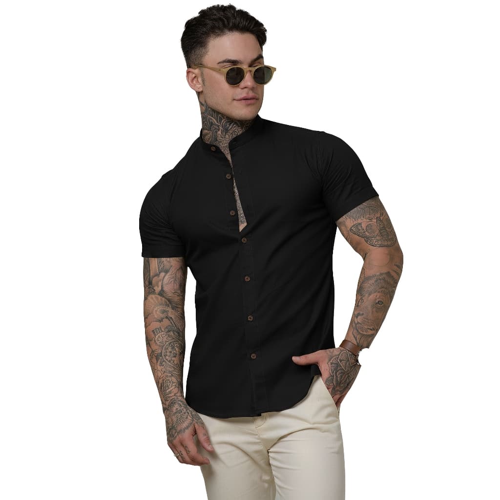 Camisa Social Gola Padre Preta Manga Curta De Linho Masculin
