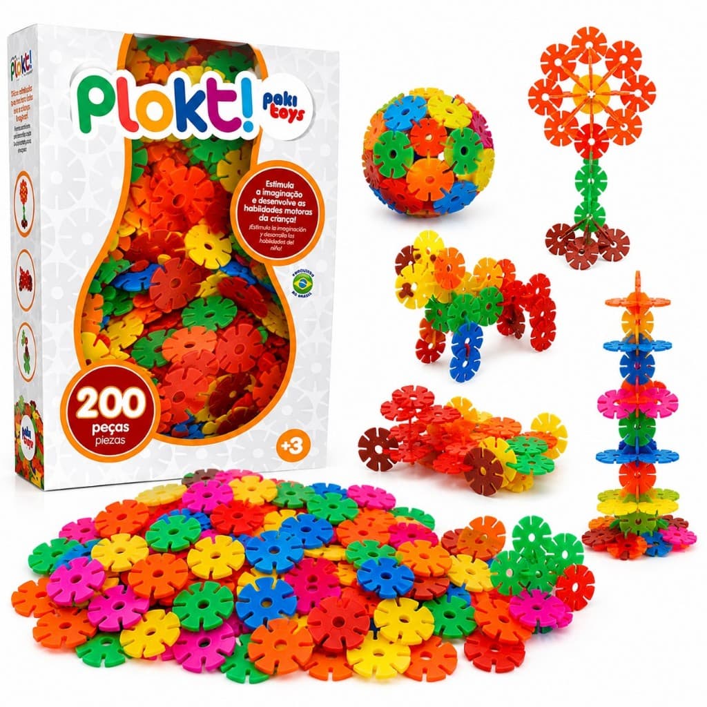 Blocos de Montar Disco Plokt 200 Peças Brinquedo Educativo Encaixe Criativo Coordenação Motora Infantil