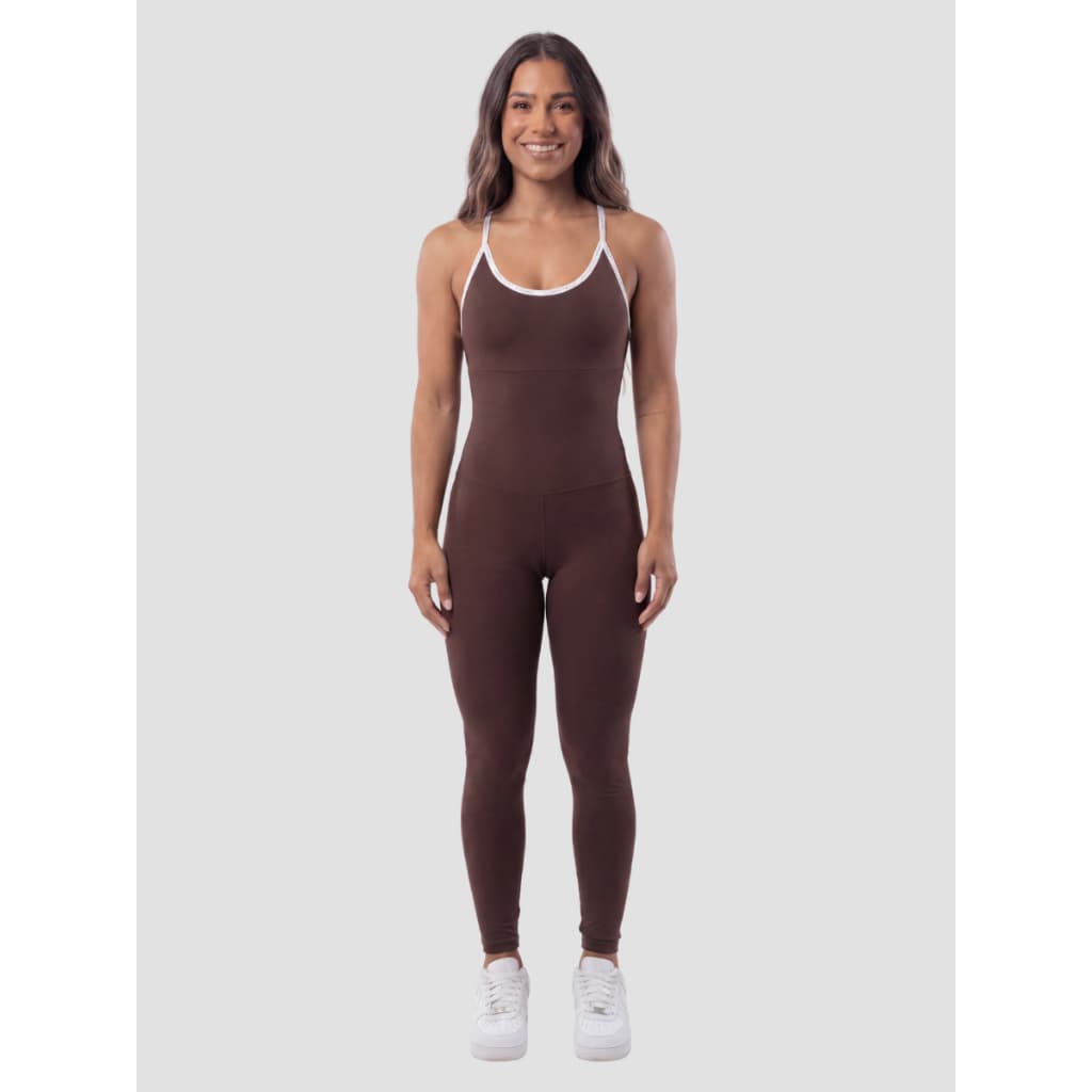 Macacão Fitness Feminino Com Costas Trançada Slim Marrom