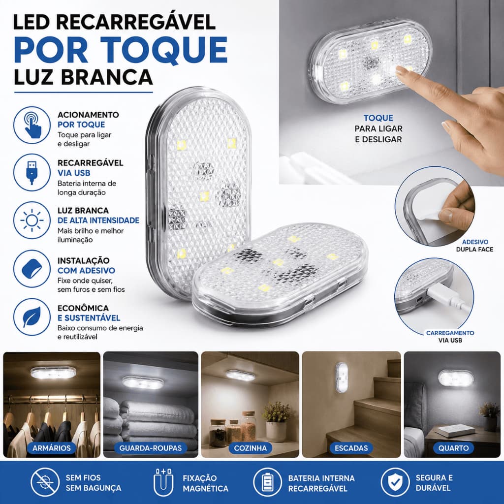 Luz LED Recarregável por Toque com Adesivo Luz Branca Armário Guarda Roupa Cozinha Escada USB