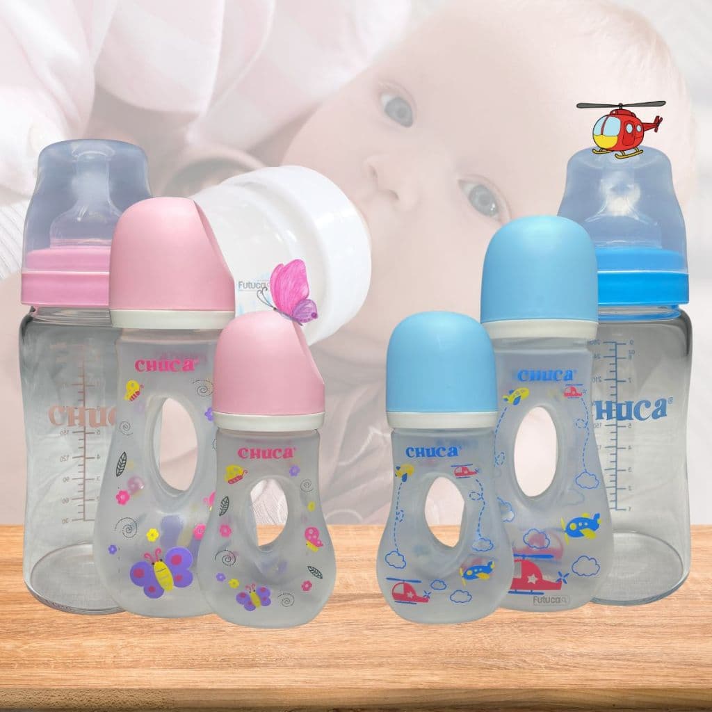 Kit 3 Mamadeiras Chuca Pega Fácil – 1 de Vidro + 2 Plásticas – Anticólica