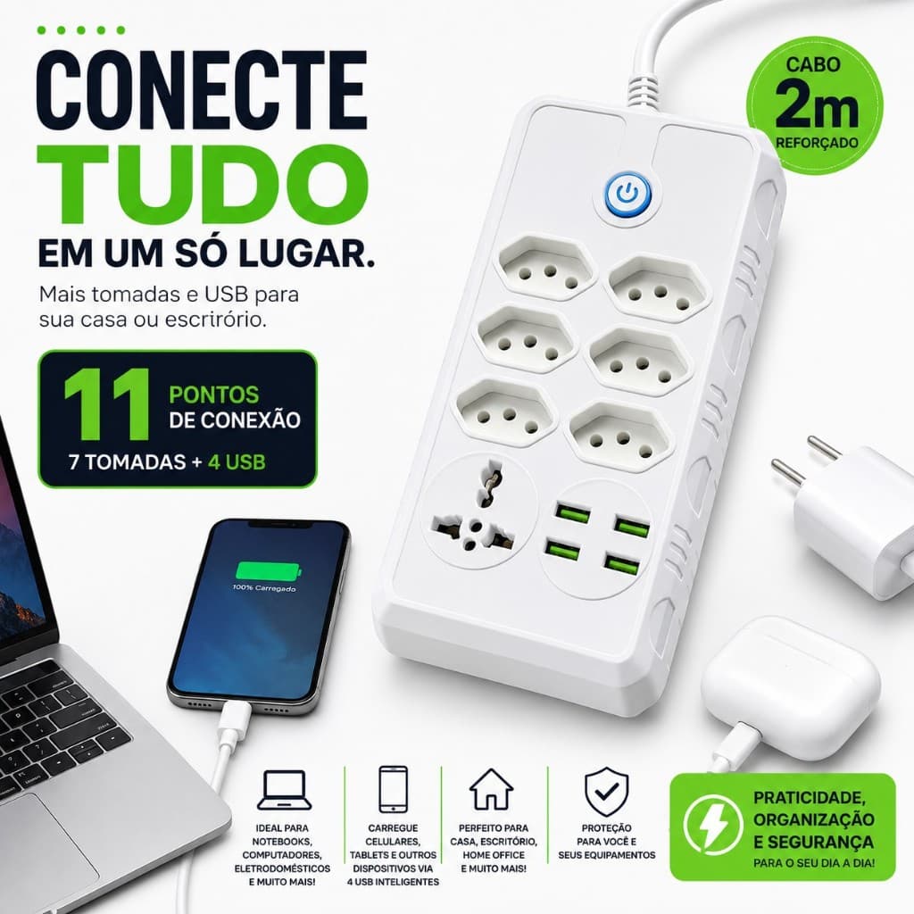 Filtro de Linha 7 Tomadas 4 USB Bivolt 2 Metros Kapbom KA-7001 Proteção Contra Surtos 2500W