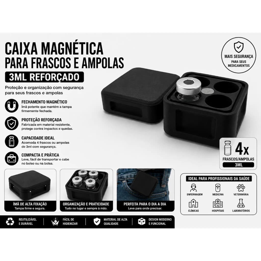 Caixa Magnética para Frascos e Ampolas 0,5ml, 3ml e 4ml – Reforçada e Portátil