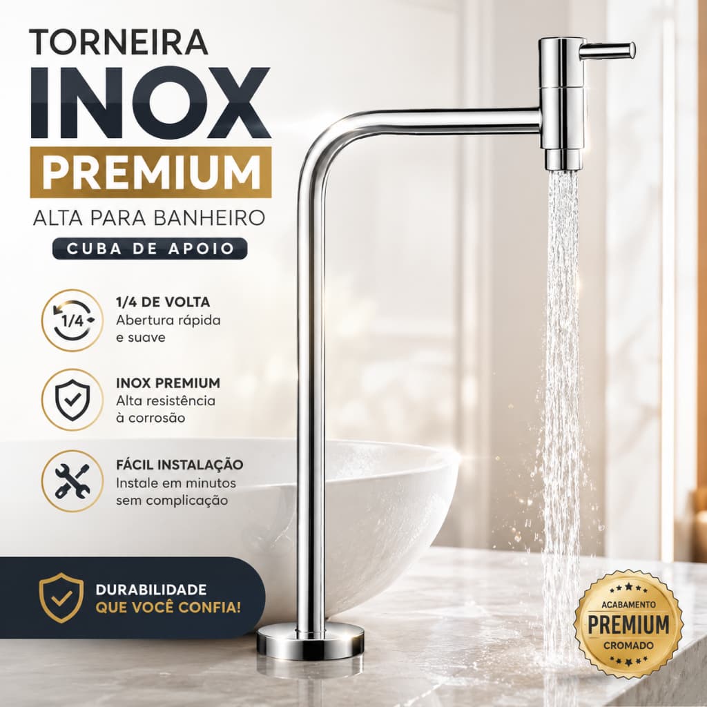 Torneira Banheiro Inox Alta Para Cuba de Apoio 1/4 Volta Premium Cromada Resistente
